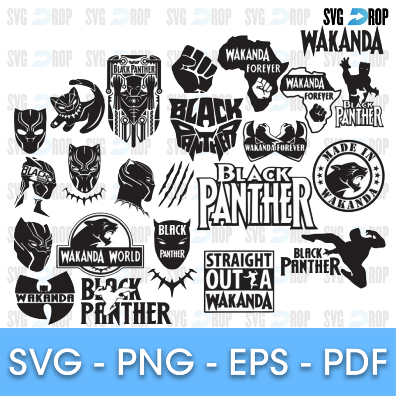 A sheet of black Black Panther designs: Straight Outta Wakanda, Made in Wakanda, Wakanda World, an Africa map, a raised fist, claw marks. SVG bundle