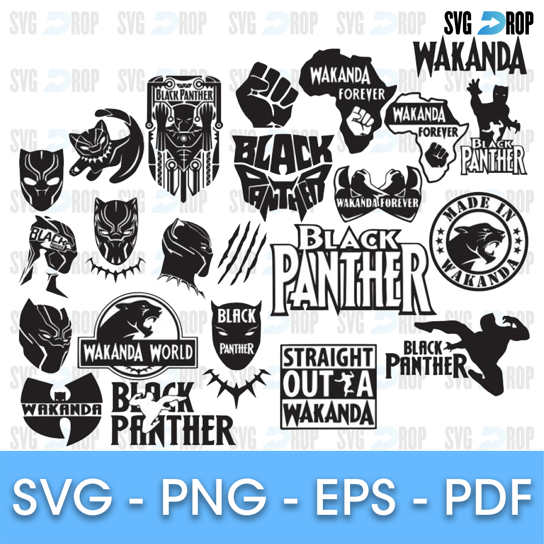 A sheet of black Black Panther designs: Straight Outta Wakanda, Made in Wakanda, Wakanda World, an Africa map, a raised fist, claw marks. SVG bundle