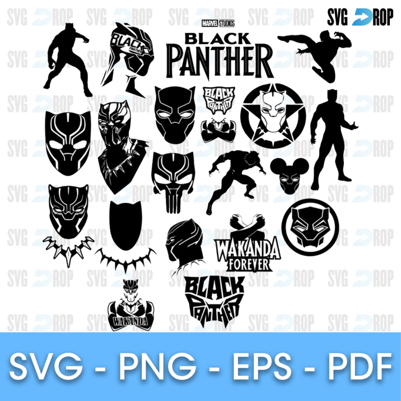 A sheet of black Black Panther designs: hero silhouettes, masks, a mask with mouse ears, a star shield, a claw necklace, Wakanda Forever. SVG bundle