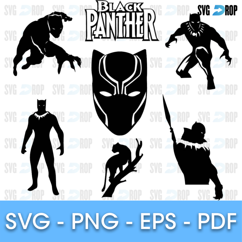A sheet of black Black Panther silhouettes: a large mask, the hero crouching and standing, a panther on a branch, a spear warrior. SVG bundle