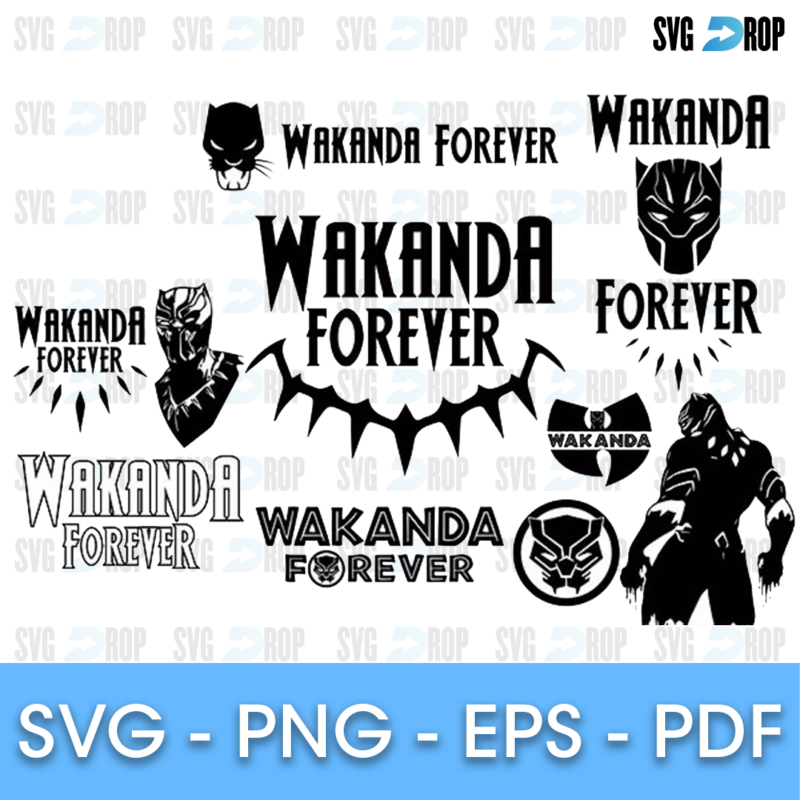 A sheet of Wakanda Forever lettering designs in black: bold headlines, a claw necklace, masks, the hero silhouette and a round emblem. SVG bundle
