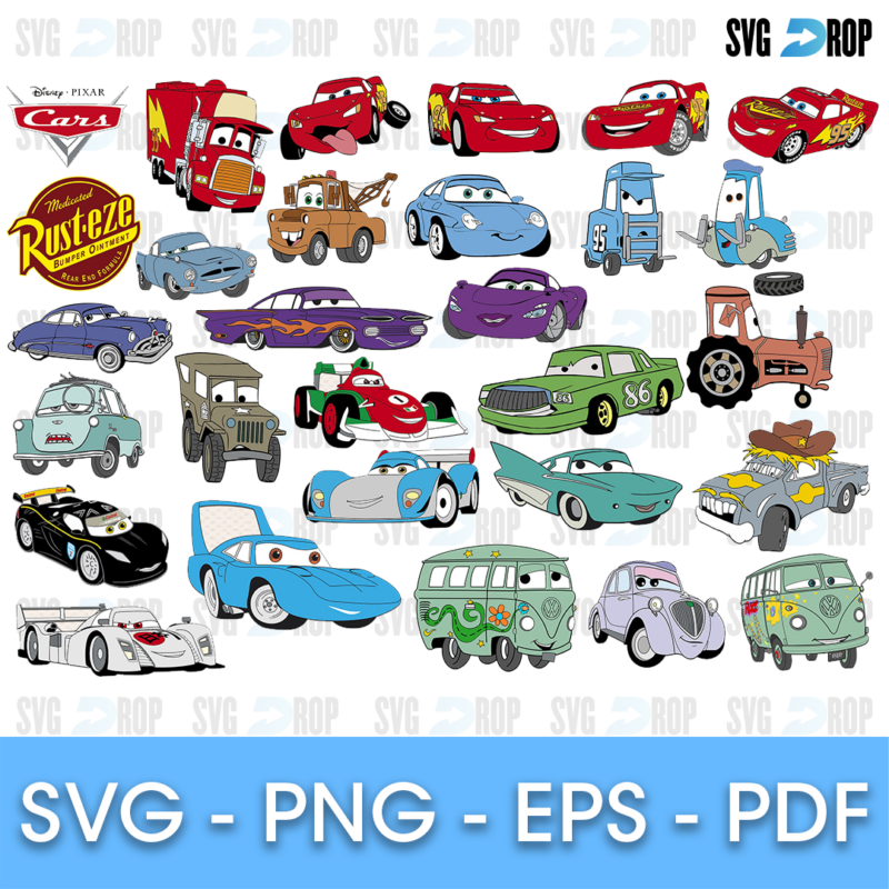 A sheet of full color Cars characters with the Rust-eze logo: Lightning McQueen, Mater, Sally, Doc Hudson, Fillmore, Sarge, The King. SVG bundle