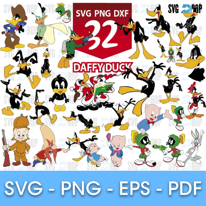 A sheet of Looney Tunes clipart centered on Daffy Duck, with Elmer Fudd, Porky Pig, Marvin the Martian, Bugs Bunny and Yosemite Sam. SVG bundle