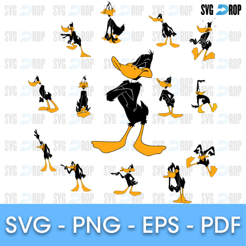 A sheet of Daffy Duck clipart: the black duck with an orange bill in many poses, from walking and pointing to jumping, with one large. SVG bundle