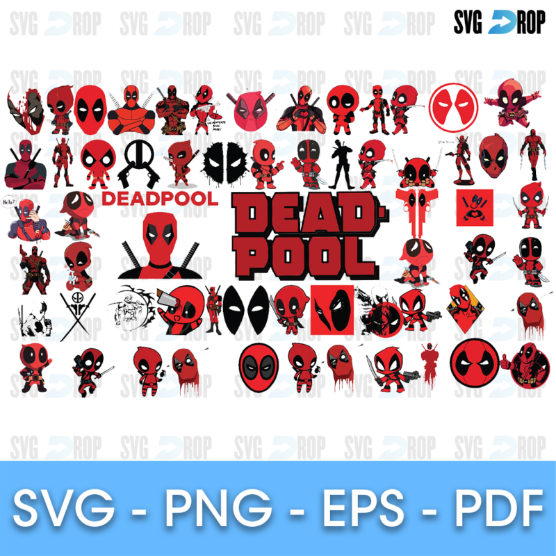 A dense Deadpool sheet of mask logos, small chibi figures, black silhouettes, katanas and red Deadpool lettering in a block style. SVG bundle
