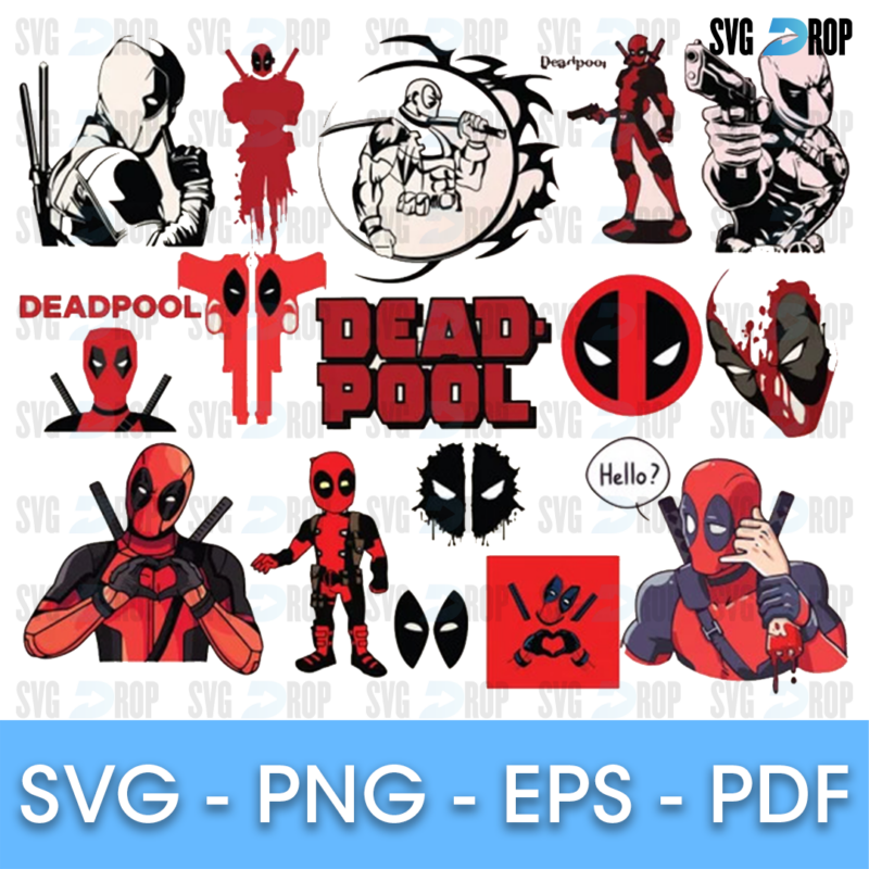 Comic style Deadpool art: a black and white sketch, Deadpool pointing a gun, a Hello speech bubble, heart hands, mask logos and red. SVG bundle