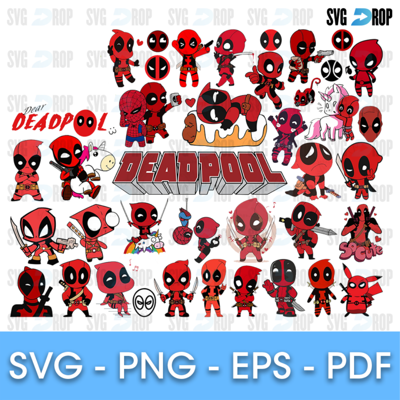 A sheet of cute chibi Deadpools: riding a unicorn, holding katanas and waving, around a large 3D Deadpool title and small Deadpool. SVG bundle