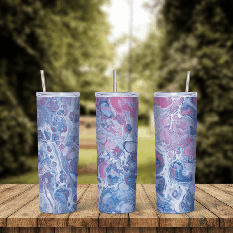 A full 20 oz skinny tumbler wrap with an acrylic pour look: lavender, blue and pink paint with round cells and white swirls. Sublimation design