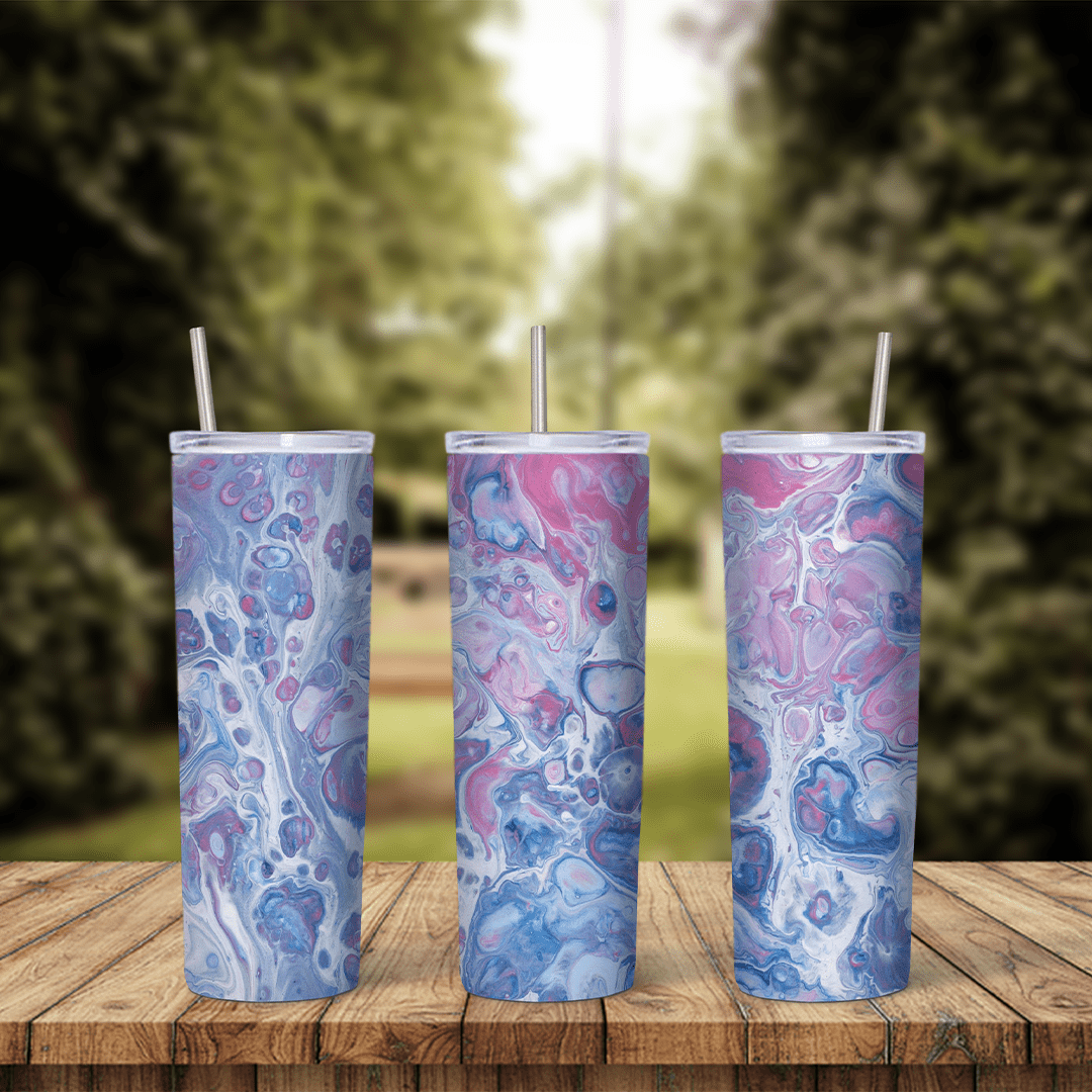 A full 20 oz skinny tumbler wrap with an acrylic pour look: lavender, blue and pink paint with round cells and white swirls. Sublimation design