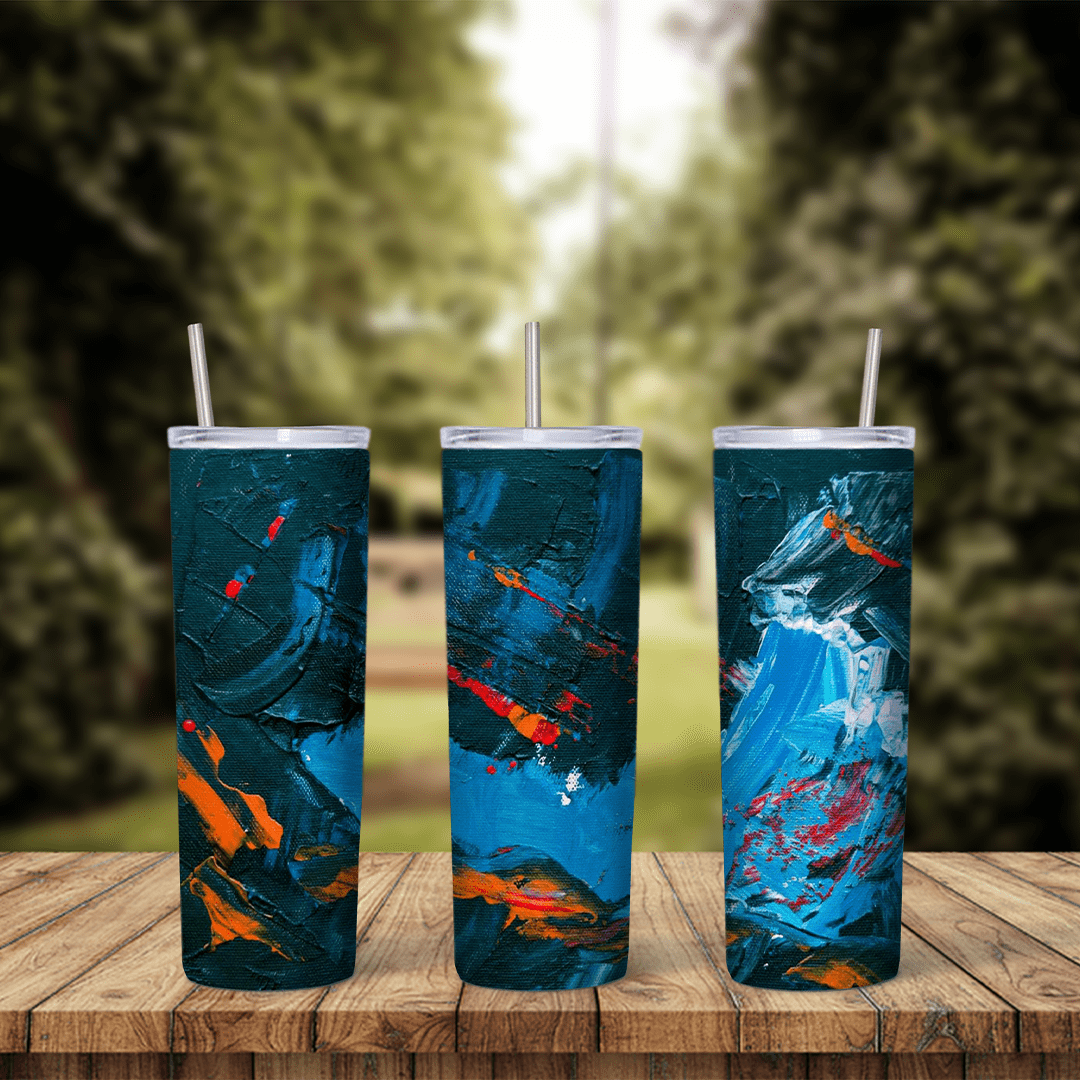 A full 20 oz skinny tumbler wrap with dark teal and blue acrylic paint strokes and flashes of orange and red. Sublimation design