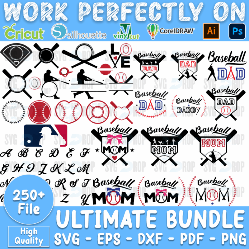 A baseball collection: crossed bats, baseball diamonds, split and heart baseballs, Baseball Mom, Baseball Dad and Baseball Daddy designs. SVG bundle