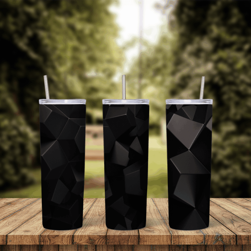 A black tumbler wrap with large 3D polygon shards and angled facets in glossy black and charcoal tones. Sublimation design
