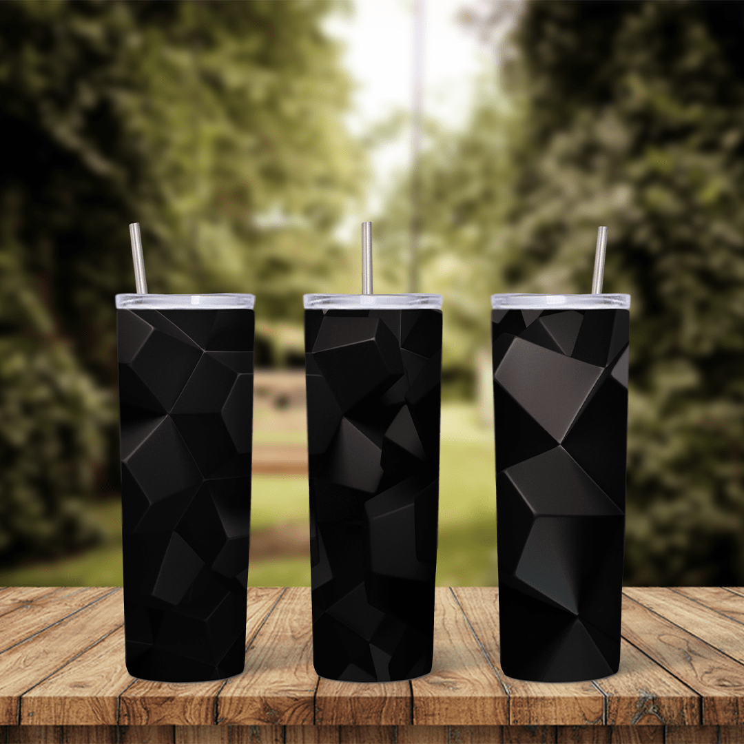 A black tumbler wrap with large 3D polygon shards and angled facets in glossy black and charcoal tones. Sublimation design