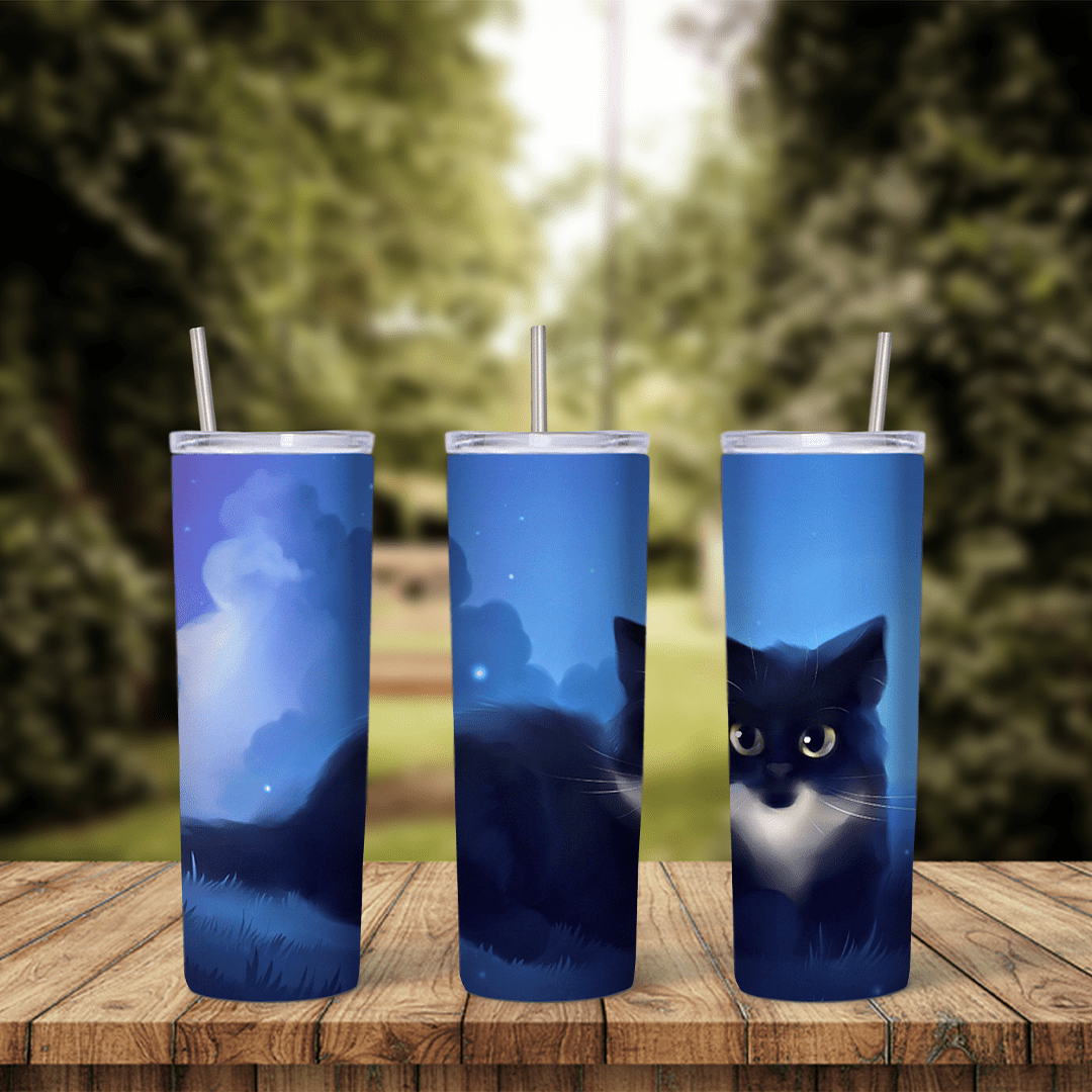 A deep blue 20 oz tumbler wrap with a black cat with big eyes sitting in the misty night. Sublimation design