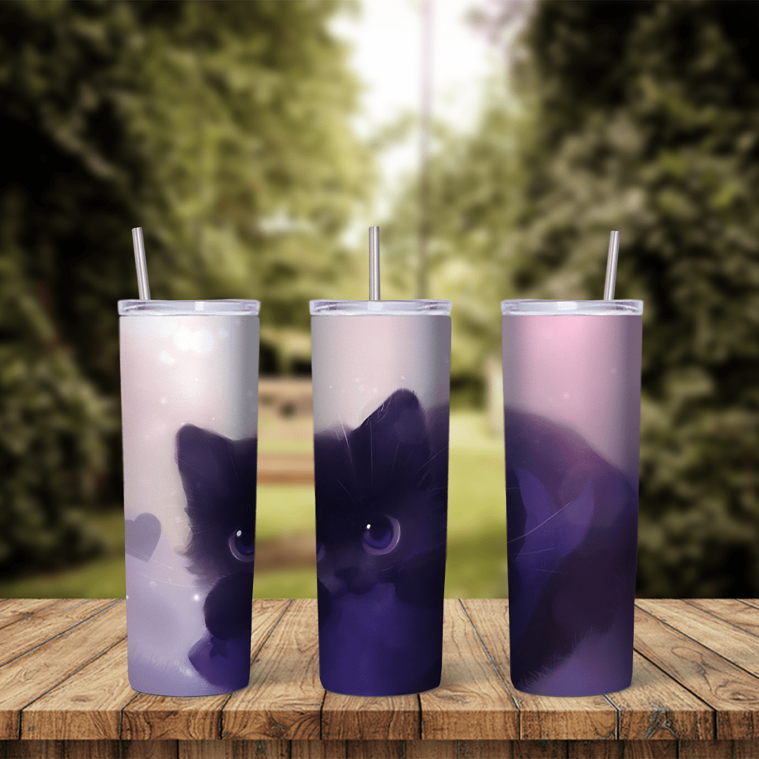 A lavender watercolor 20 oz tumbler wrap with a fluffy dark purple kitten with round eyes in soft brush strokes. Sublimation design