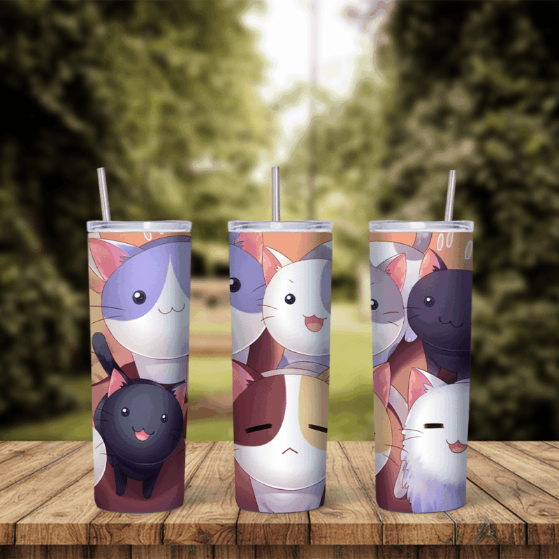 A 20 oz tumbler wrap filled with kawaii cartoon cats in white, black, gray, calico and orange with round faces and small smiles. Sublimation design