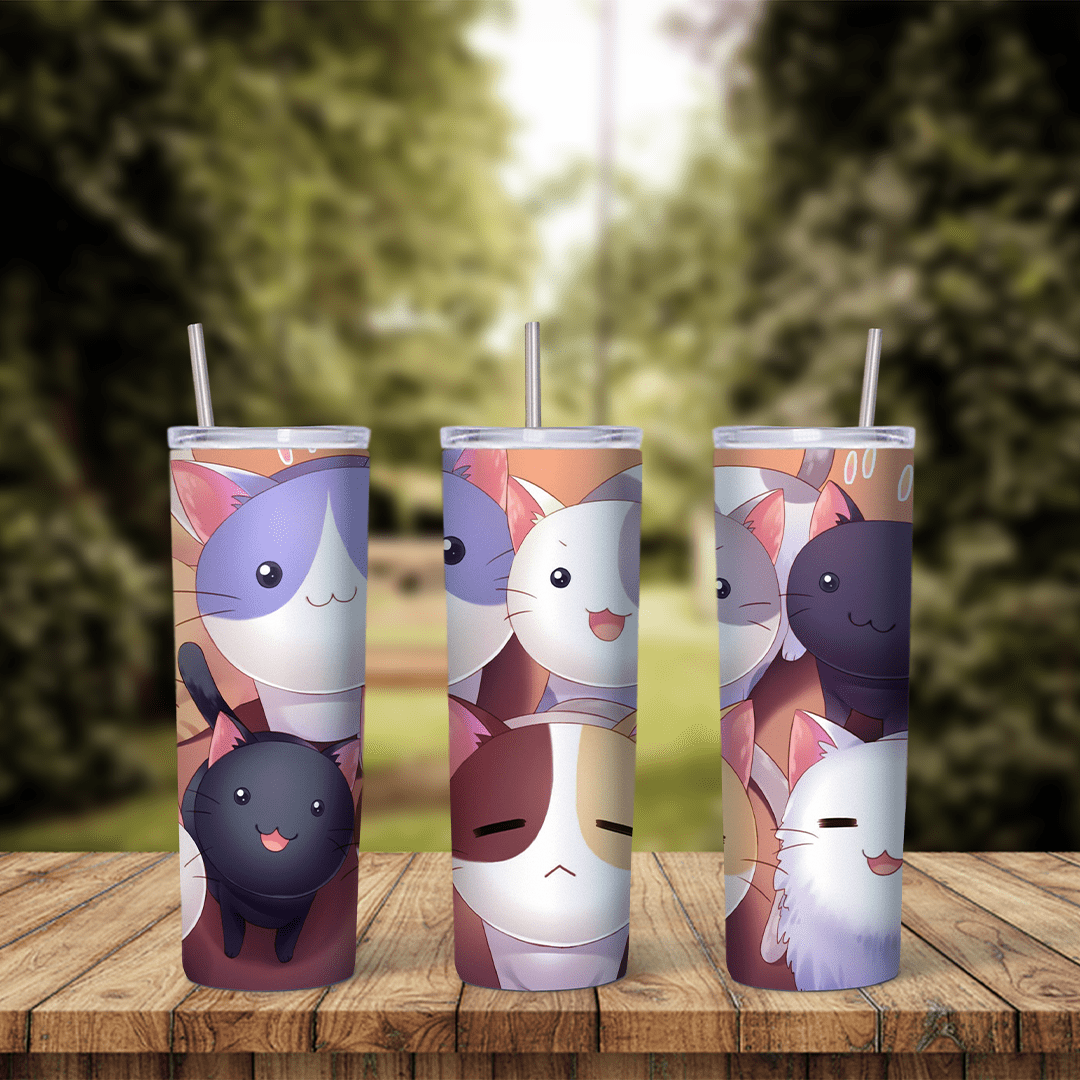A 20 oz tumbler wrap filled with kawaii cartoon cats in white, black, gray, calico and orange with round faces and small smiles. Sublimation design