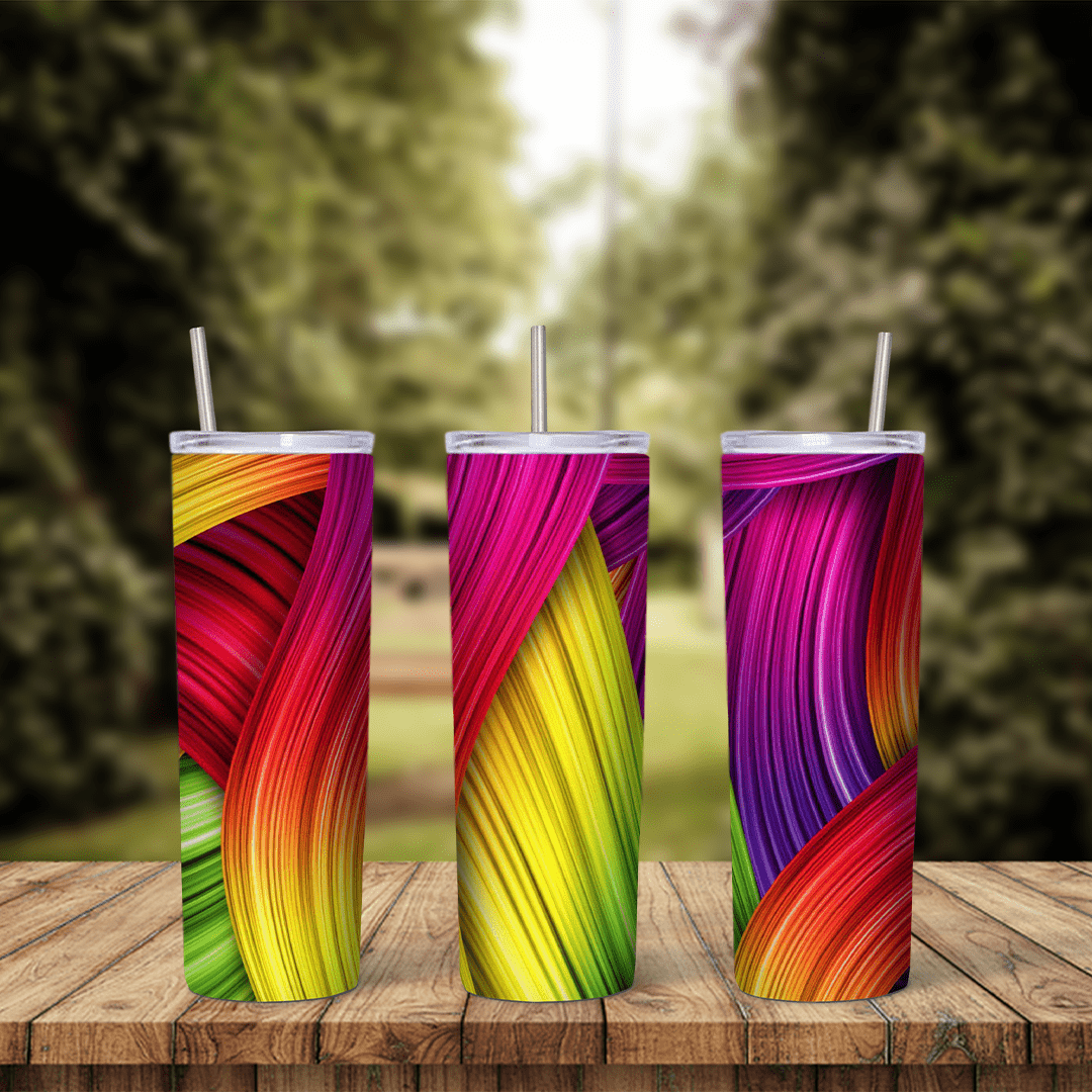 A full 20 oz skinny tumbler wrap with twisting ribbons of color in red, magenta, yellow, green and purple. Sublimation design