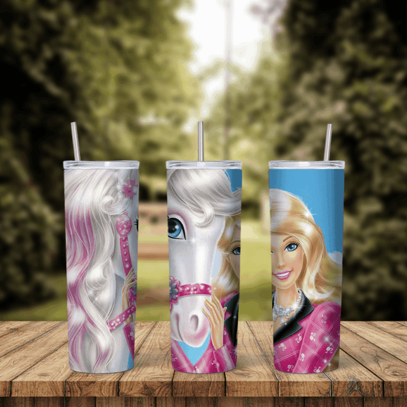 A 20 oz skinny tumbler wrap with a blonde Barbie in a pink jacket beside a white horse with a flowing mane on a blue and pink. Sublimation design