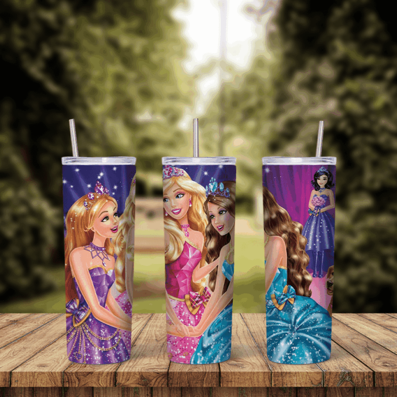 A 20 oz skinny tumbler wrap with animated Barbie princesses in purple, pink and blue ball gowns with sparkling crowns and jewels. Sublimation design