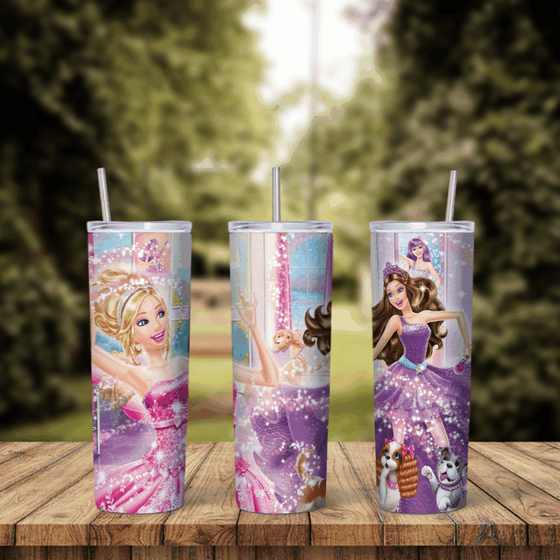 A 20 oz skinny tumbler wrap with animated princess Barbie characters: a blonde Barbie in a pink ballet style dress and a brunette. Sublimation design