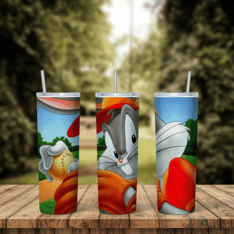 A full 20 oz skinny tumbler wrap of Bugs Bunny as a baseball player in an orange cap with a glove and ball on a green field. Sublimation design
