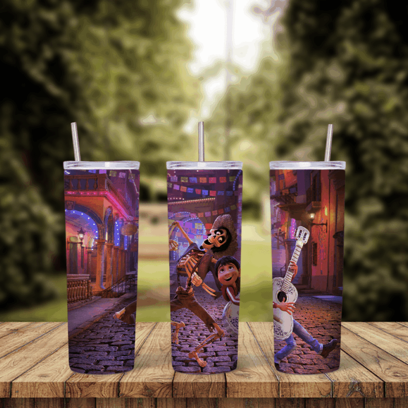 A Coco tumbler wrap with Miguel running with his guitar on a cobblestone street under papel picado banners and colorful lights. Sublimation design