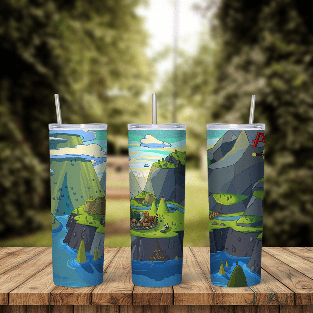 A full 20 oz skinny tumbler wrap of an Adventure Time landscape: green hills, rivers, rocky peaks and a small village under. Sublimation design