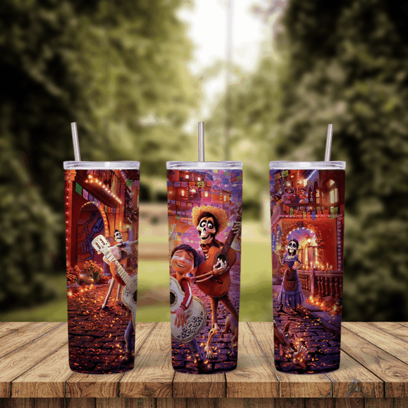 A Coco tumbler wrap with Miguel in skeleton face paint and a skeleton friend on a colorful street in the Land of the Dead. Sublimation design