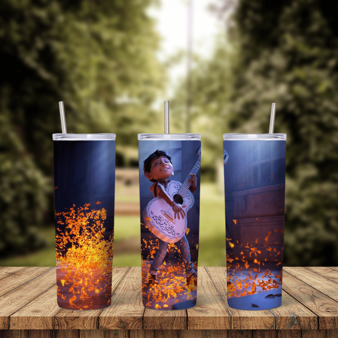 A Coco tumbler wrap: Miguel holding his white guitar among glowing orange marigold petals on a deep blue night background. Sublimation design