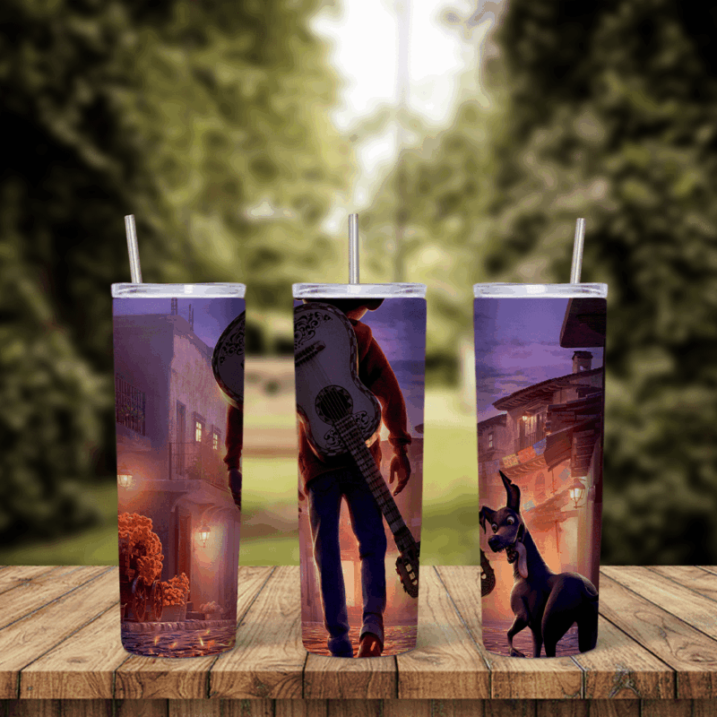 A Coco tumbler wrap with a figure carrying a guitar walking down a dim alley at dusk, and the dog Dante on a purple street. Sublimation design