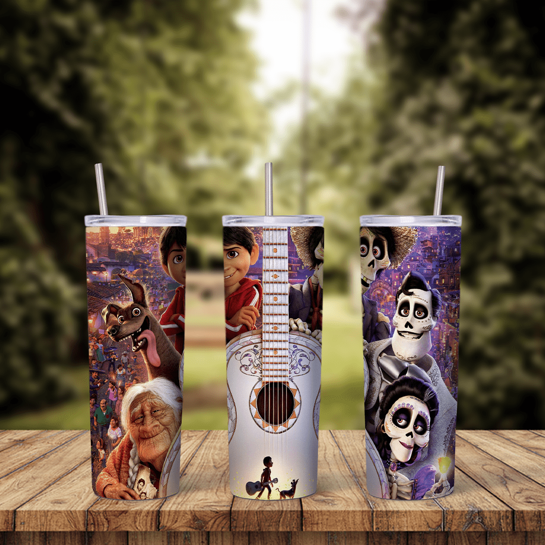 A Coco tumbler wrap with the white guitar in the center, Mama Coco, Miguel and the skeleton family members on a purple background. Sublimation design