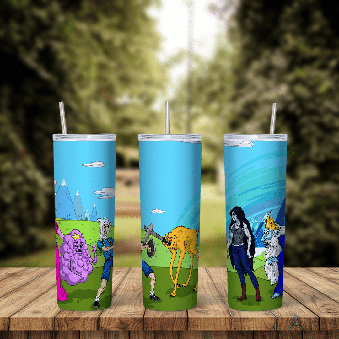 A full 20 oz skinny tumbler wrap on light blue with Lumpy Space Princess, Finn, Jake and Marceline standing together. Sublimation design