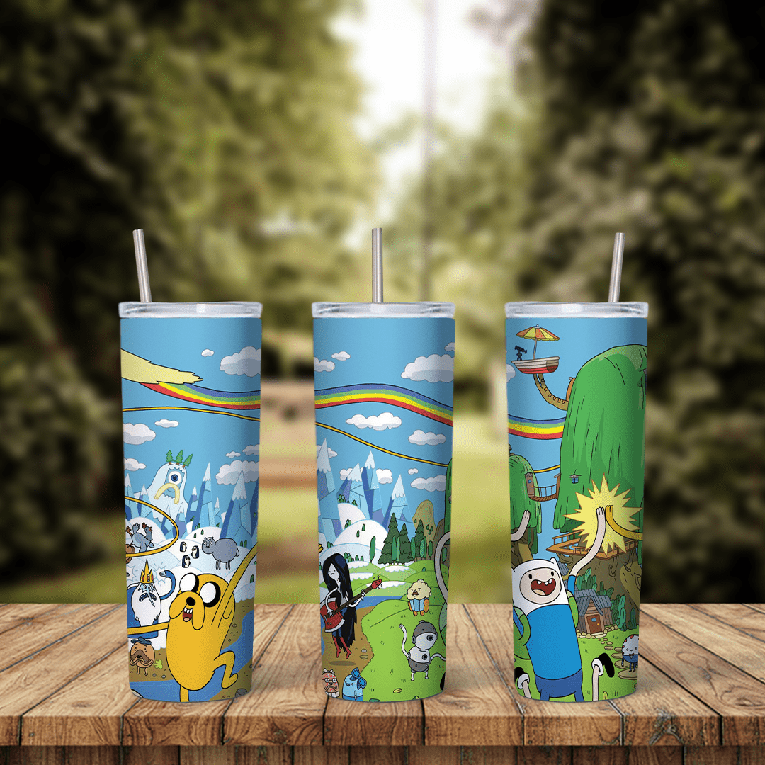 A full 20 oz skinny tumbler wrap of Adventure Time scenes: Finn and Jake with friends under a rainbow in the green hills. Sublimation design