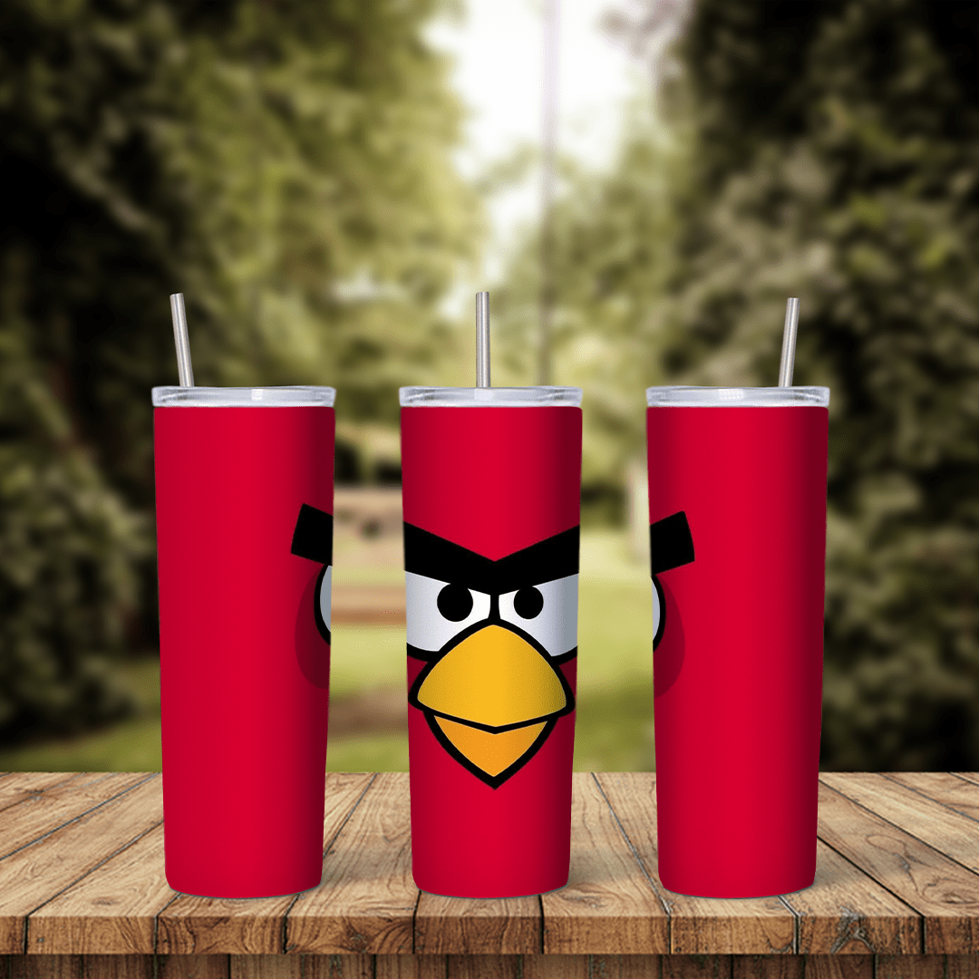An Angry Birds tumbler wrap in solid red with Red’s face, angry black eyebrows, white eyes and a yellow beak. Sublimation design