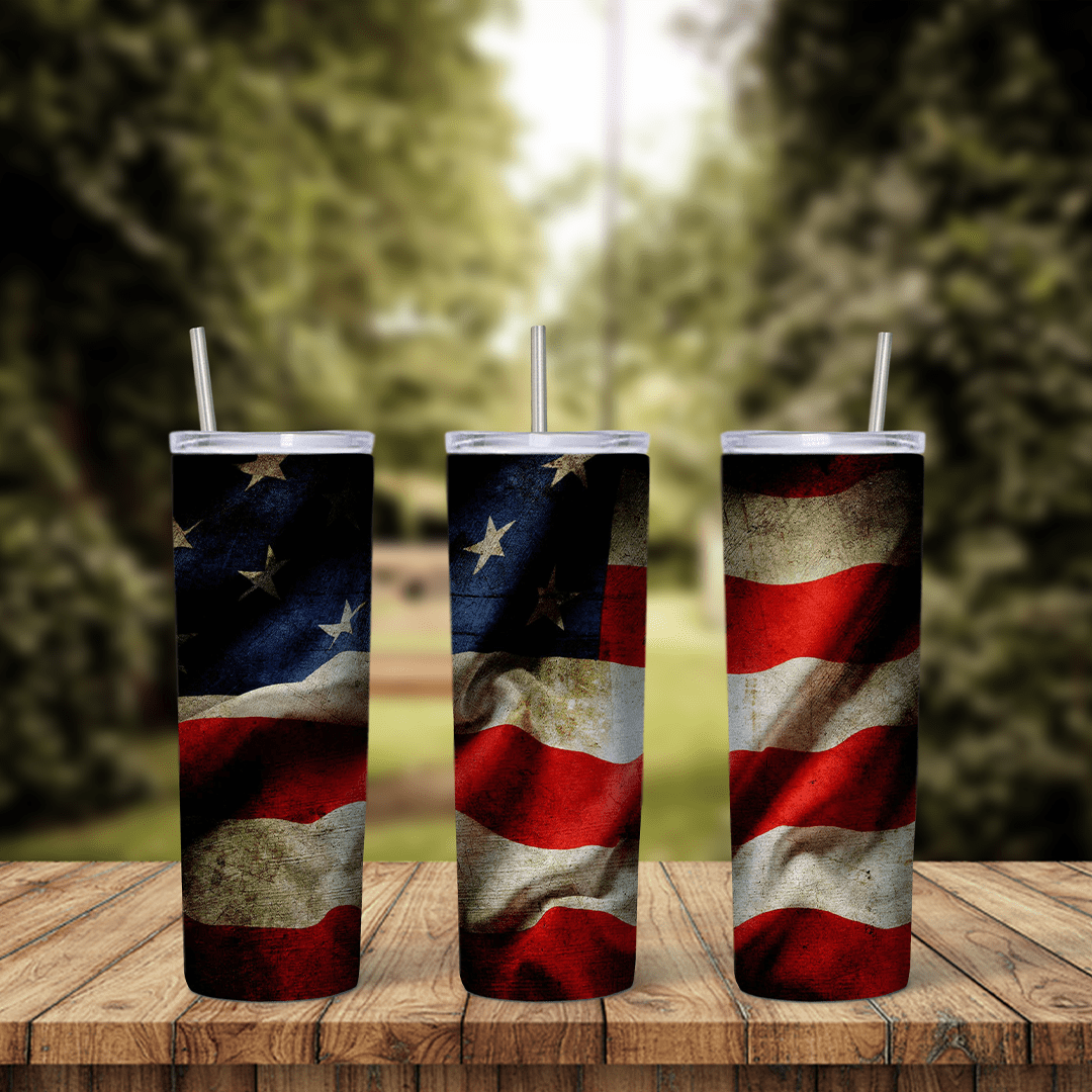 A USA flag tumbler wrap with a dark vintage American flag waving in deep folds with shadowed red stripes and stars. Sublimation design