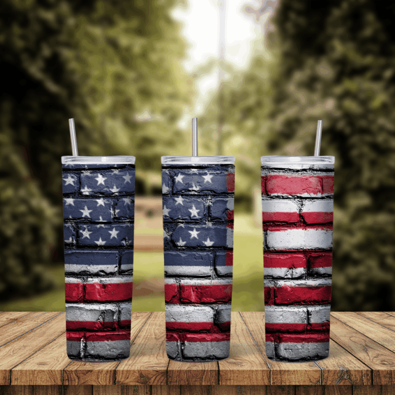 A USA flag tumbler wrap with the white stars on blue and the red and white stripes painted over a weathered brick wall texture. Sublimation design