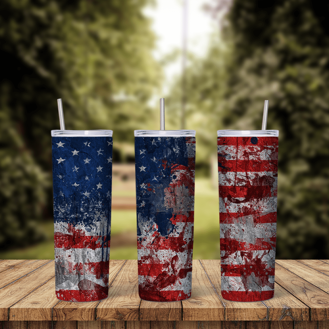 A USA flag tumbler wrap with a distressed grunge American flag, faded stars and chipped red and white stripes. Sublimation design