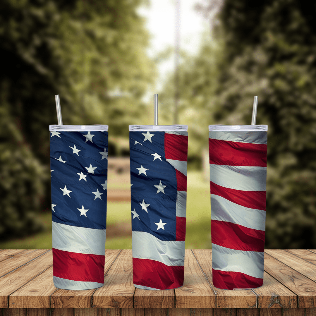 A USA flag tumbler wrap with a bright waving American flag, white stars on blue and red and white stripes in soft folds. Sublimation design