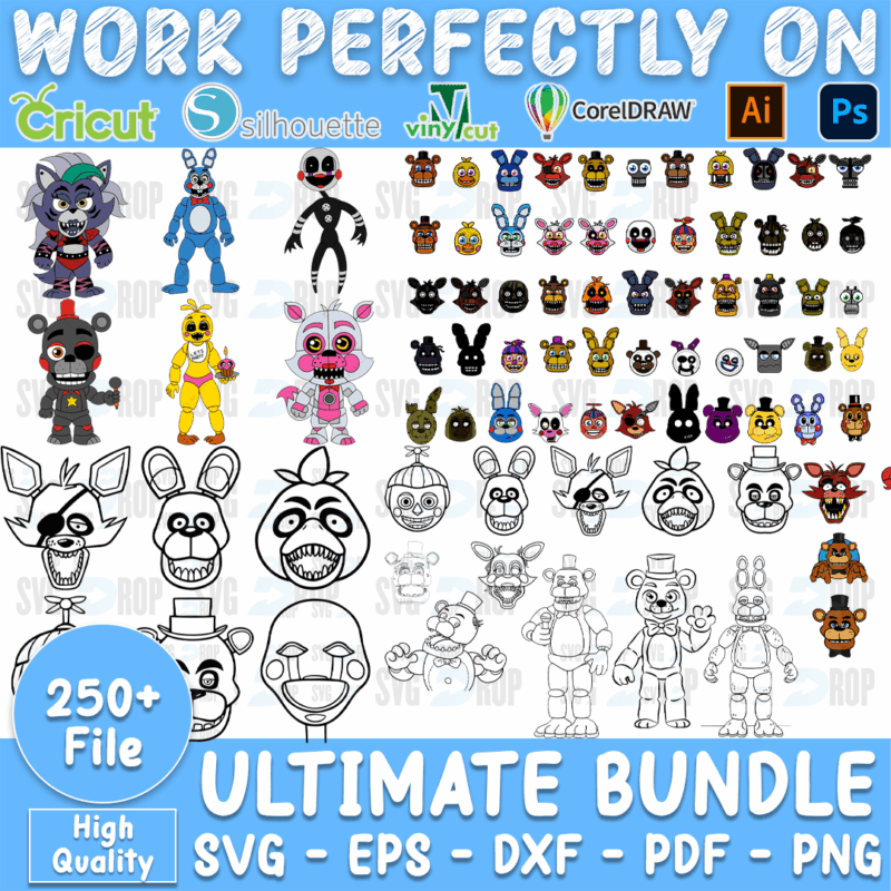 A large Five Nights at Freddy’s collection: full color Freddy, Bonnie, Chica, Foxy and other animatronics, rows of character heads, plus. SVG bundle