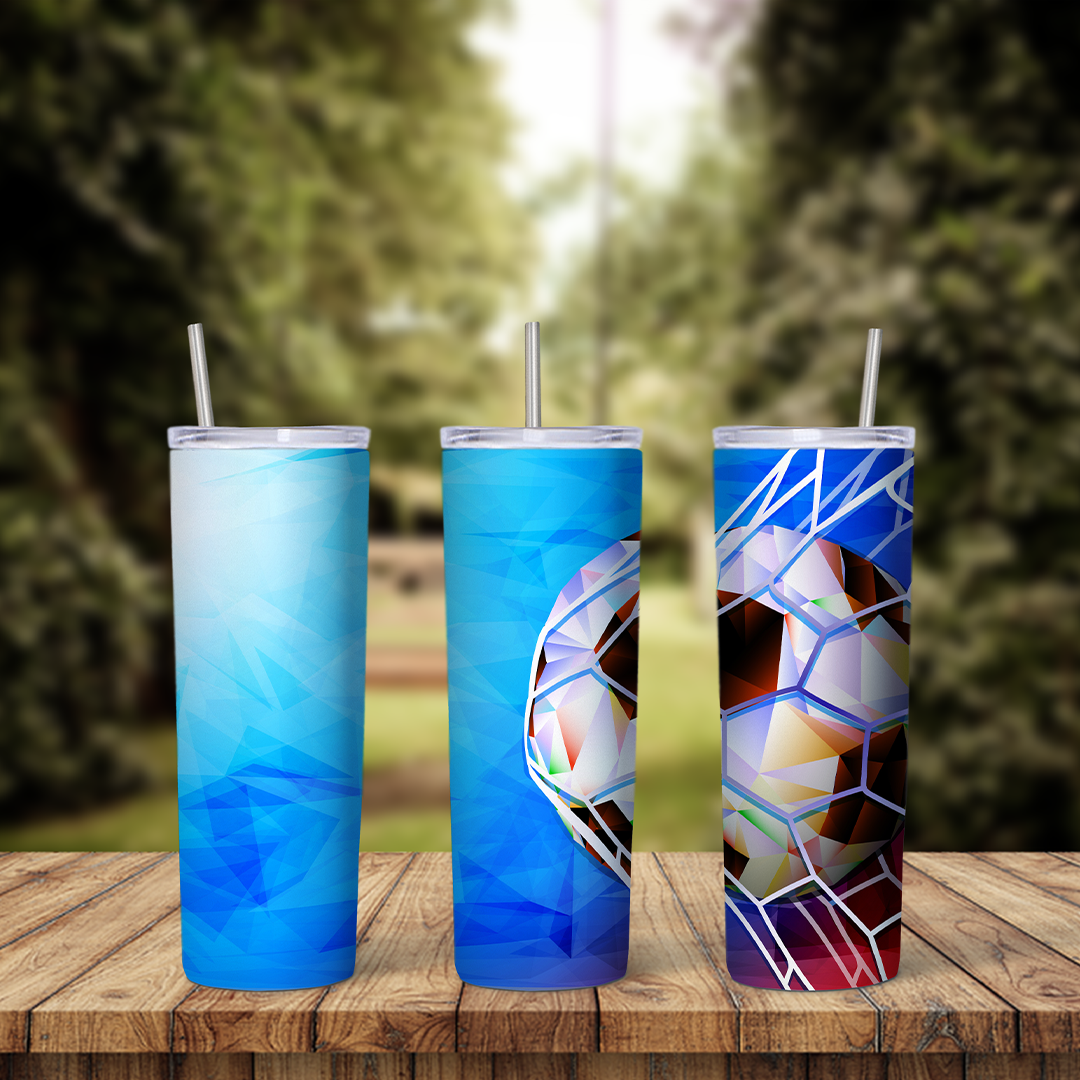 A full 20 oz skinny tumbler wrap with a soccer ball hitting the back of a goal net, fading into a smooth blue background. Sublimation design