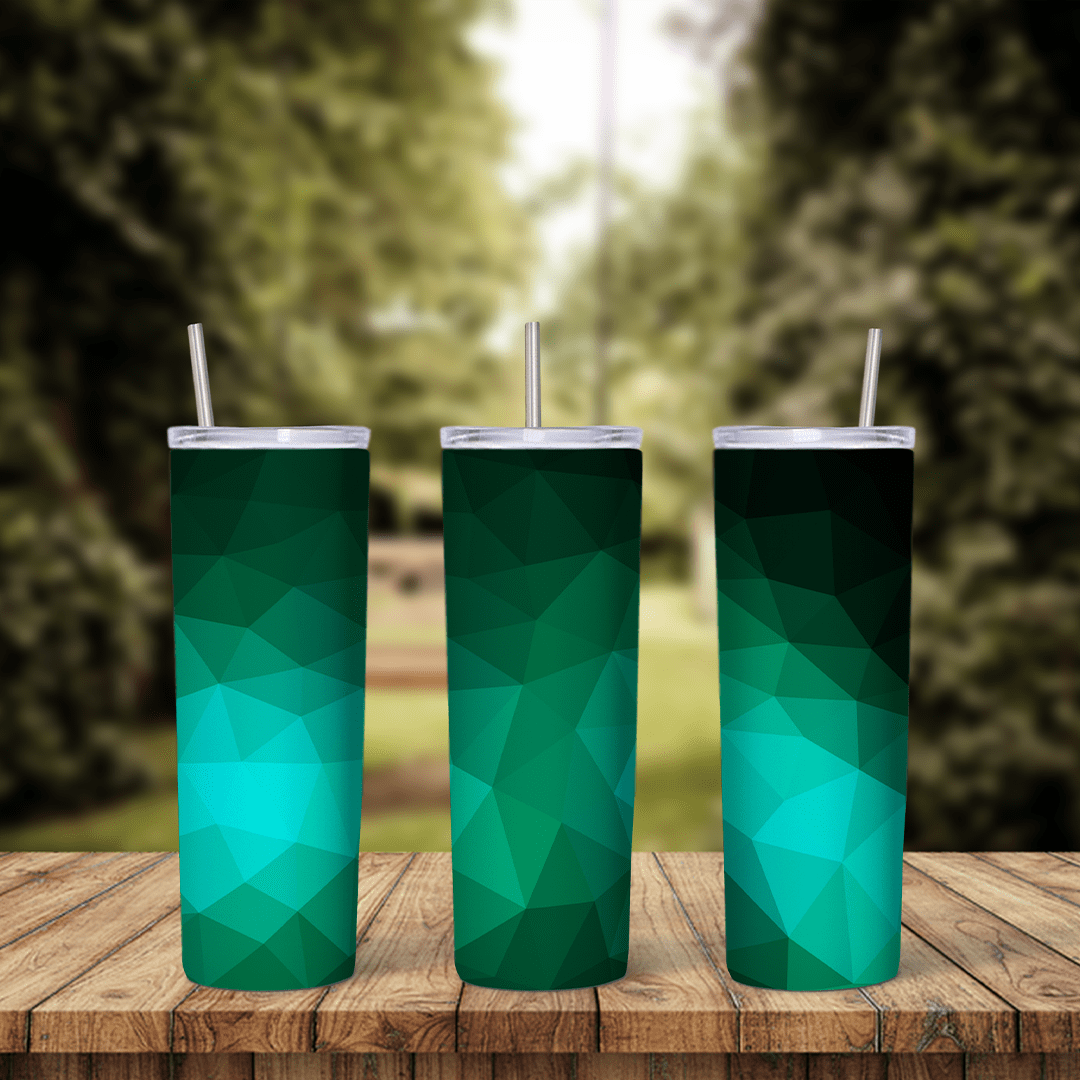 A full 20 oz skinny tumbler wrap with teal and emerald green geometric polygons that fade from bright to dark. Sublimation design