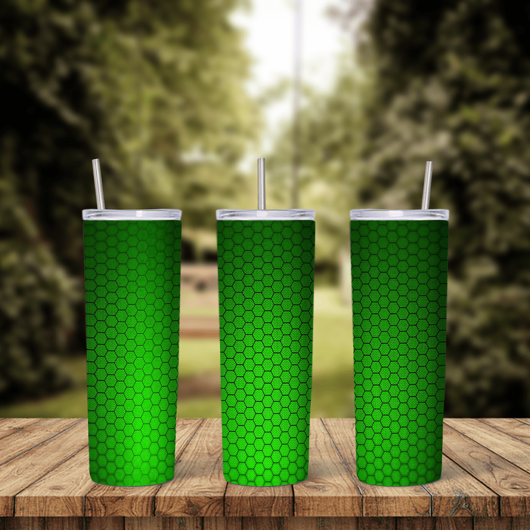 A full 20 oz skinny tumbler wrap in bright green with a honeycomb hexagon texture covering the whole surface. Sublimation design