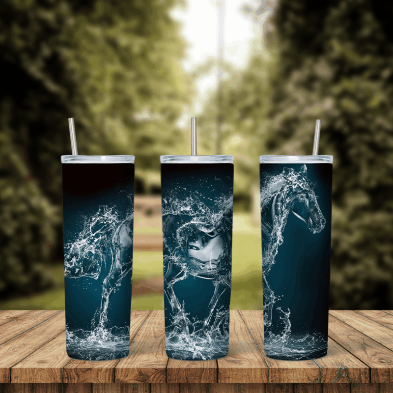 A full 20 oz skinny tumbler wrap with a horse made of splashing water, rearing and galloping across a dark teal background. Sublimation design