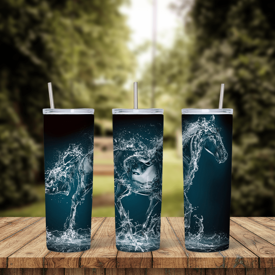 A full 20 oz skinny tumbler wrap with a horse made of splashing water, rearing and galloping across a dark teal background. Sublimation design