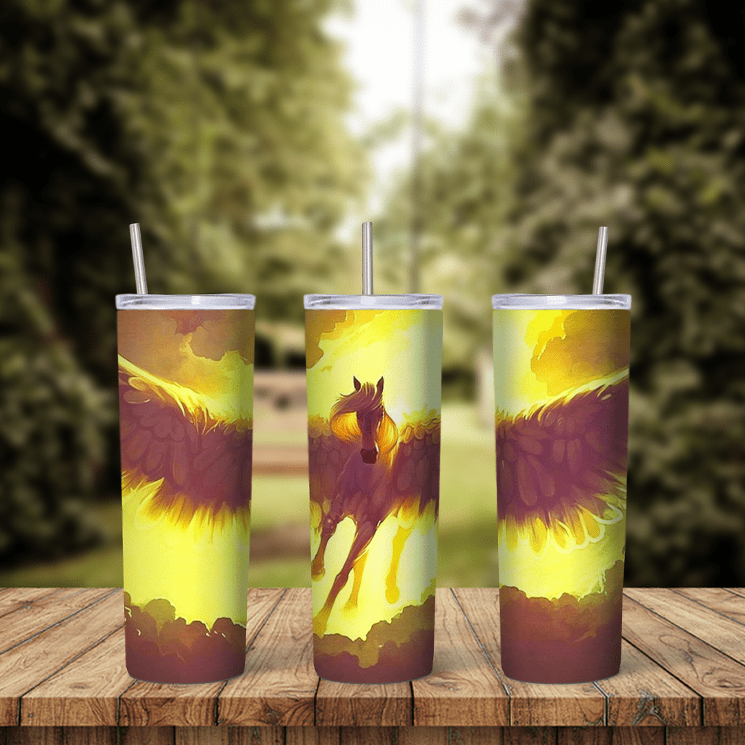 A full 20 oz skinny tumbler wrap with a winged horse spreading its wings against a glowing yellow and orange sky with dark red. Sublimation design