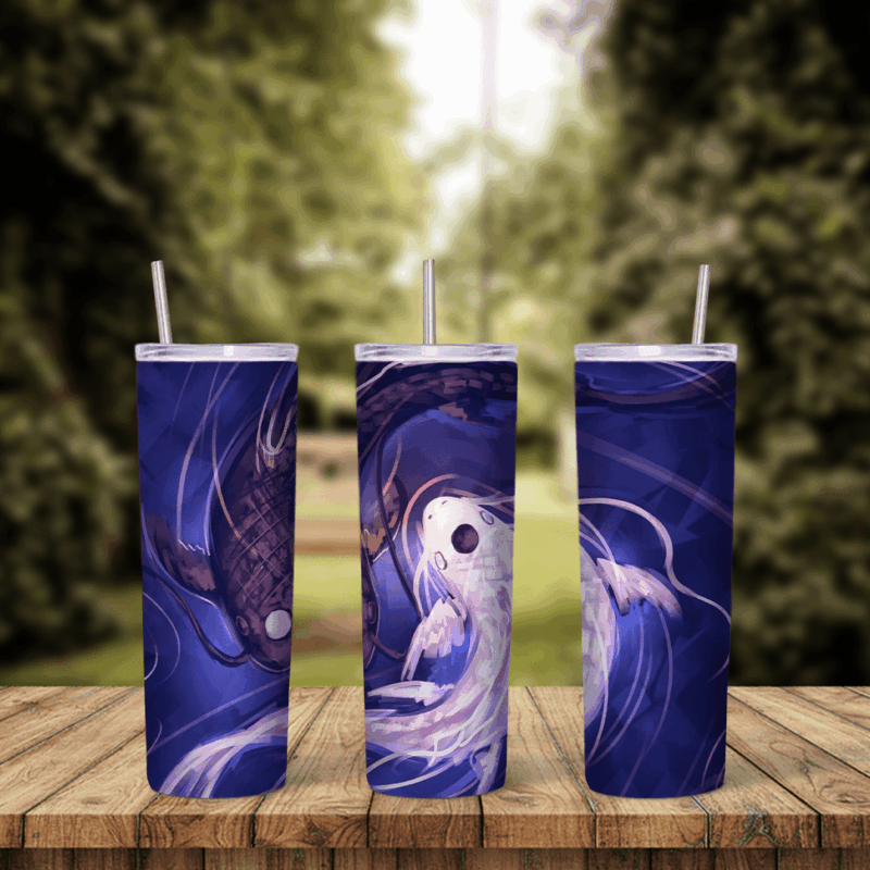 A full 20 oz skinny tumbler wrap with two koi fish circling in a yin yang shape on swirling deep purple and blue. Sublimation design