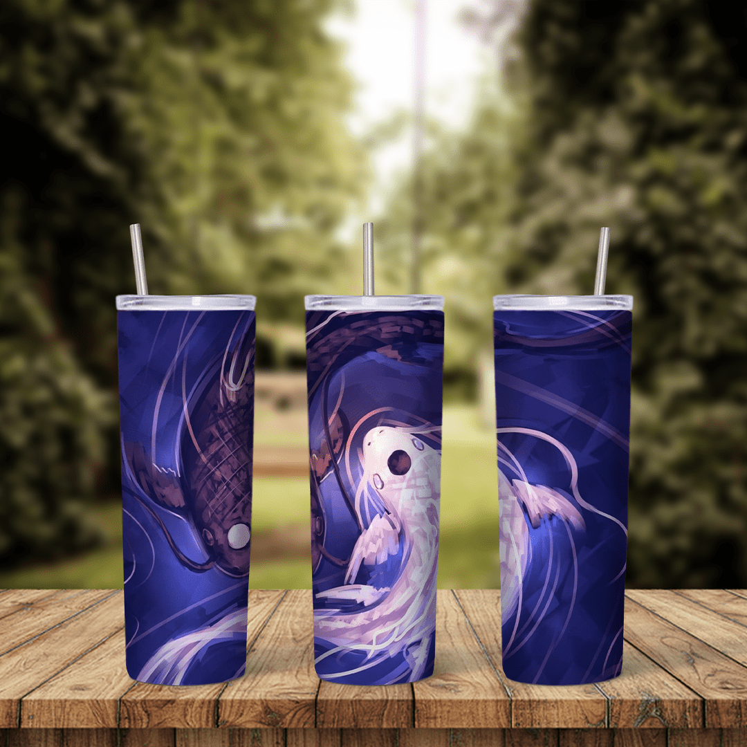 A full 20 oz skinny tumbler wrap with two koi fish circling in a yin yang shape on swirling deep purple and blue. Sublimation design