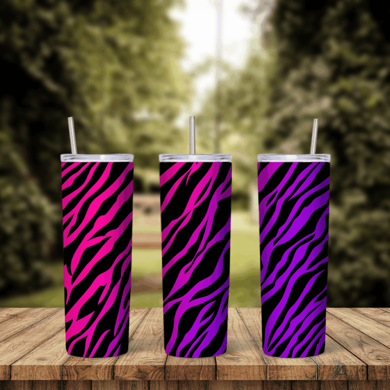 An animal print tumbler wrap with bold black tiger style stripes running over hot pink, magenta and purple backgrounds around. Sublimation design