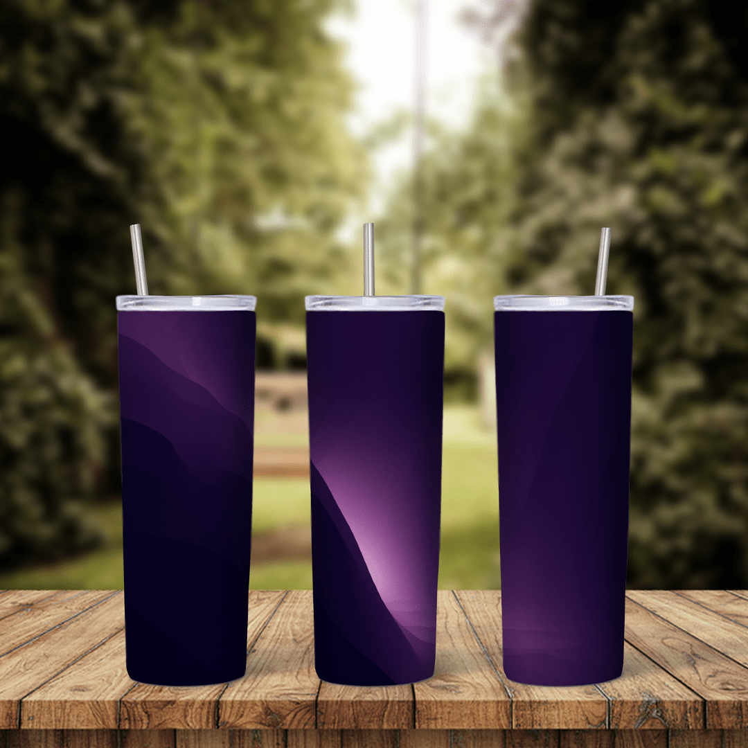 A full 20 oz skinny tumbler wrap with a dark purple abstract background and soft glowing violet wave folds. Sublimation design